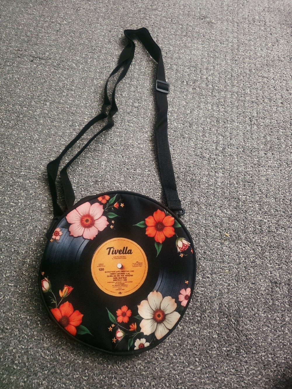 Ella Floral Vinyl Record Crossbody Bag in Black